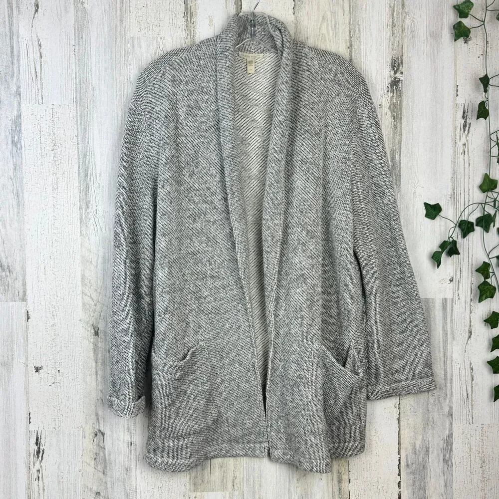 EILEEN FISHER Cardigan Medium Organic Cotton Shawl Collar Open Front Gray